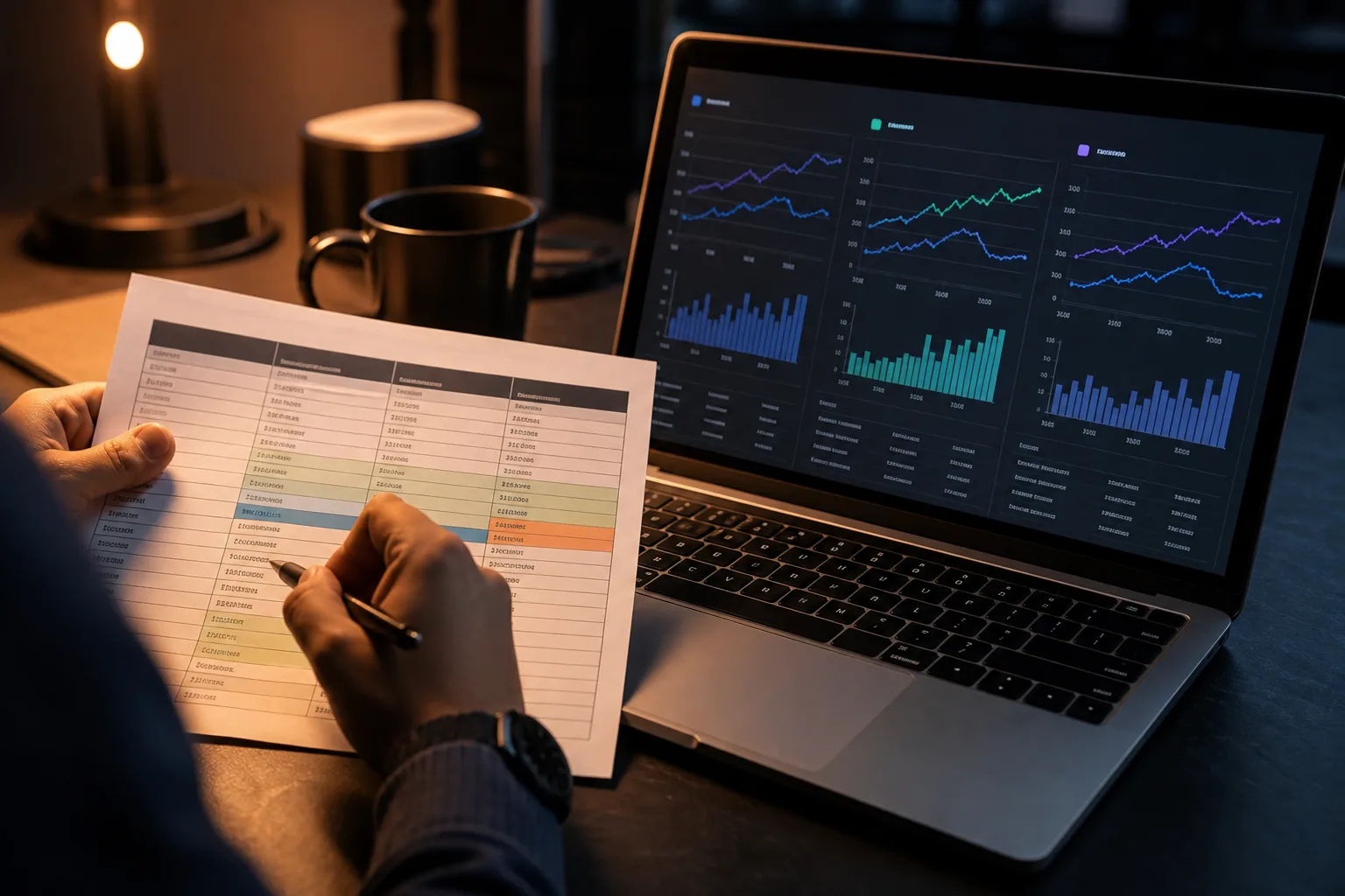 Engineer marking token-rate rows on a printed API pricing comparison sheet