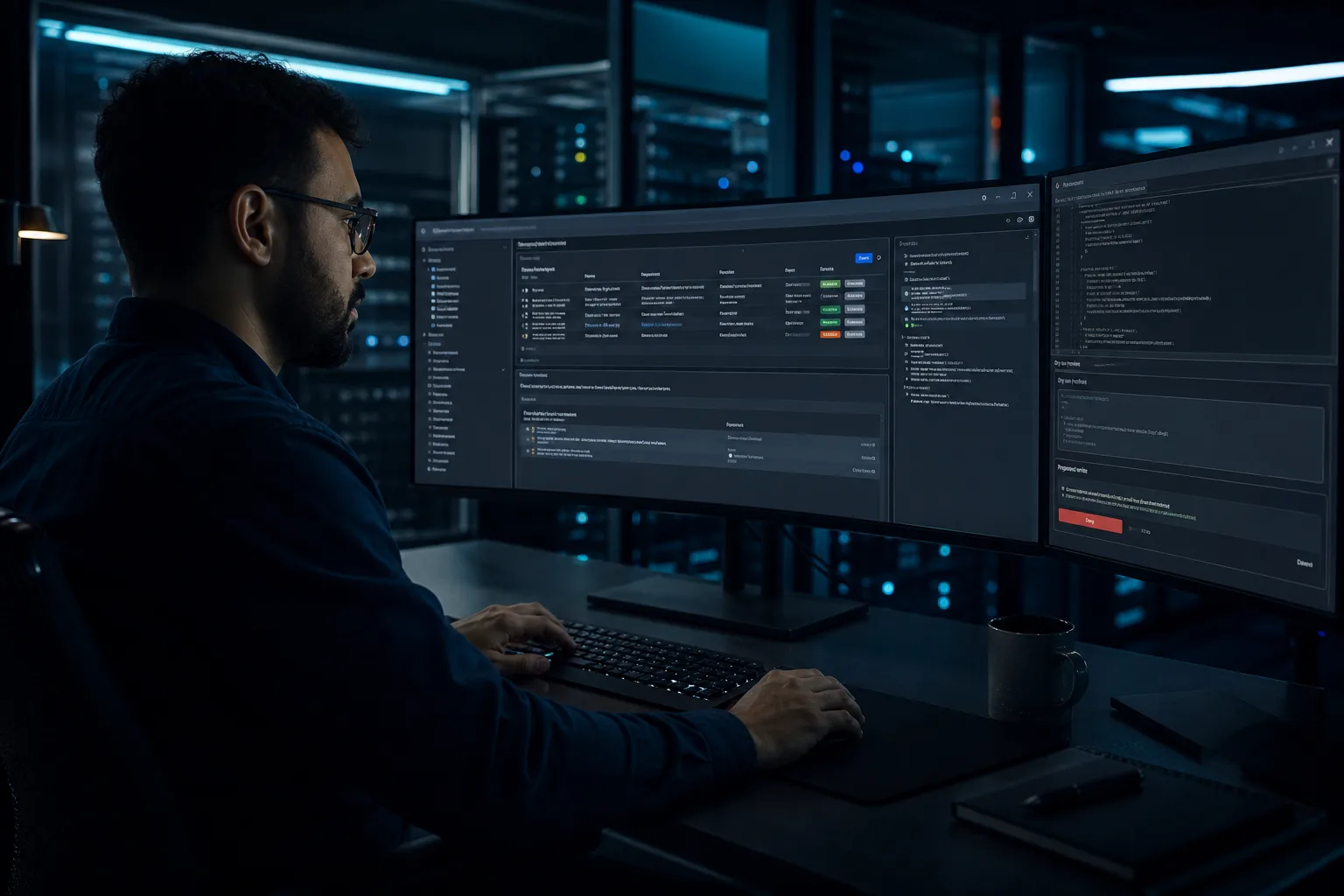 Engineer reviewing Grok Bot security and prompt injection controls on a dual-monitor operations desk