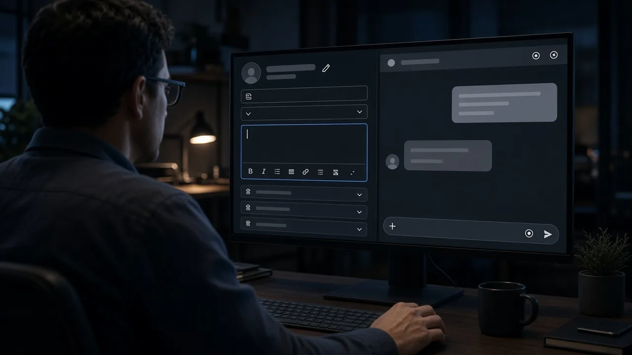 Engineer editing a custom Grok Bot description that holds standing rules beside a separate chat message