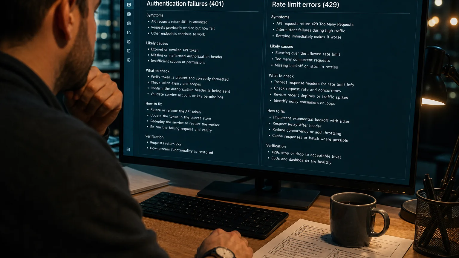 Operator reviewing an HTTP error runbook with 401 unauthorized and 429 rate-limit traces on a dark engineering workstation