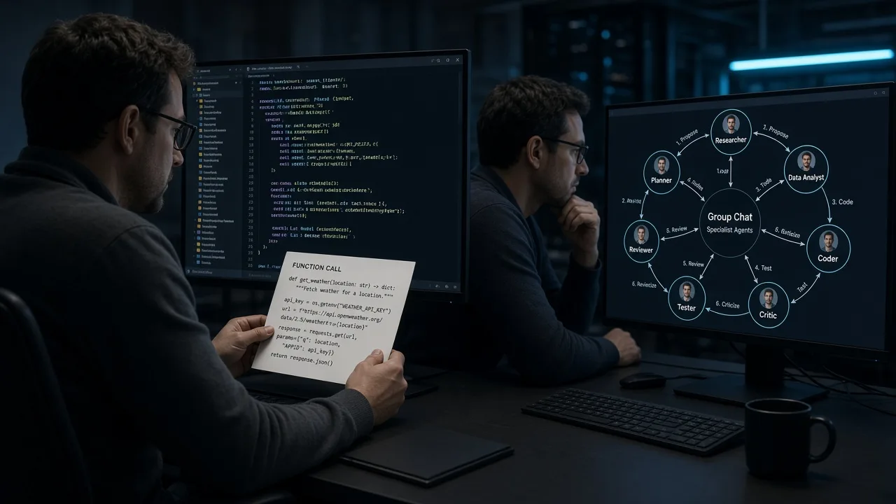 Engineers comparing one Grok Bot function-call card with an AutoGen group chat of specialist agents