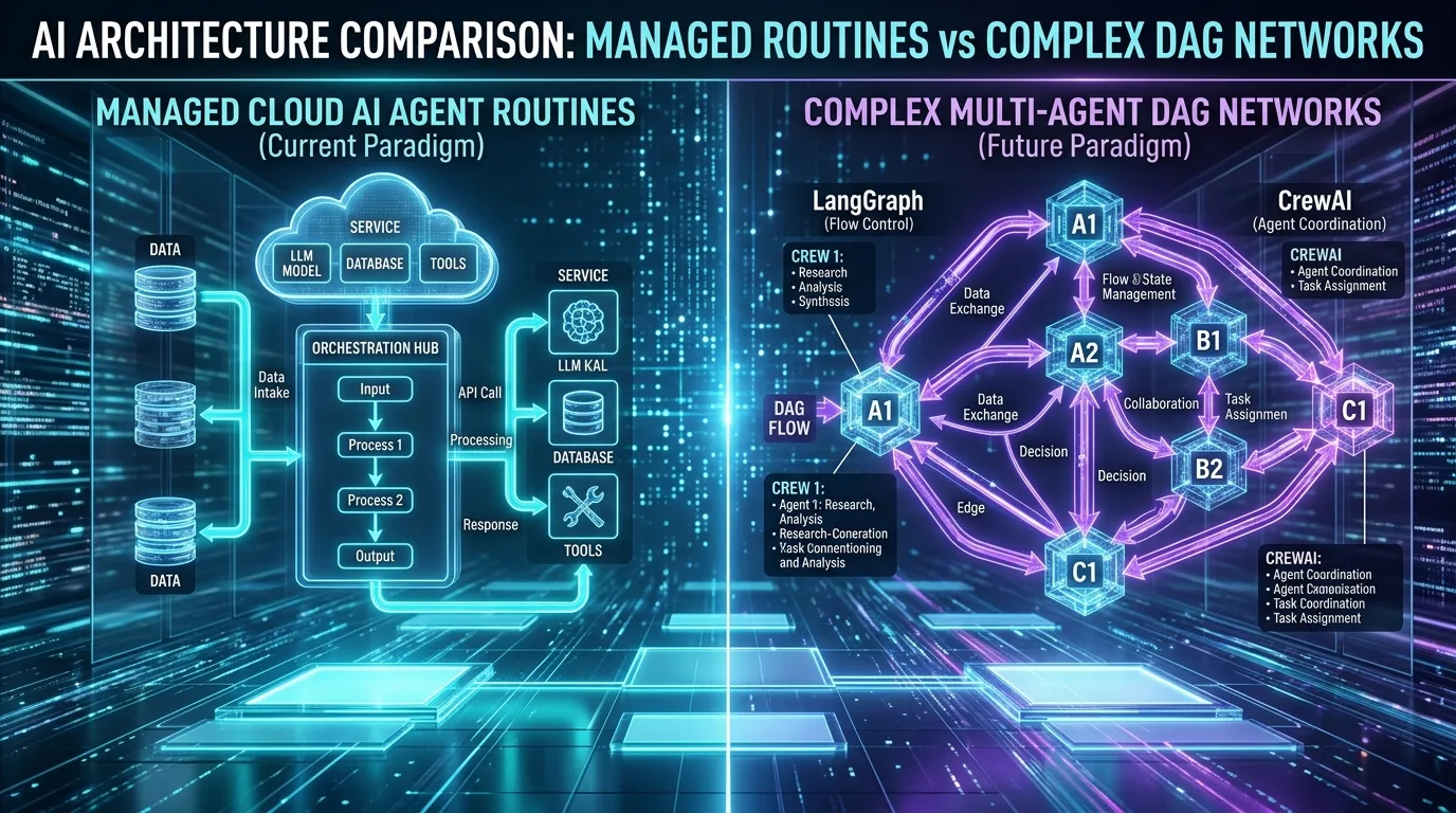 Architect comparing Grok Bot vs CrewAI vs LangGraph orchestration on a dark operations desk