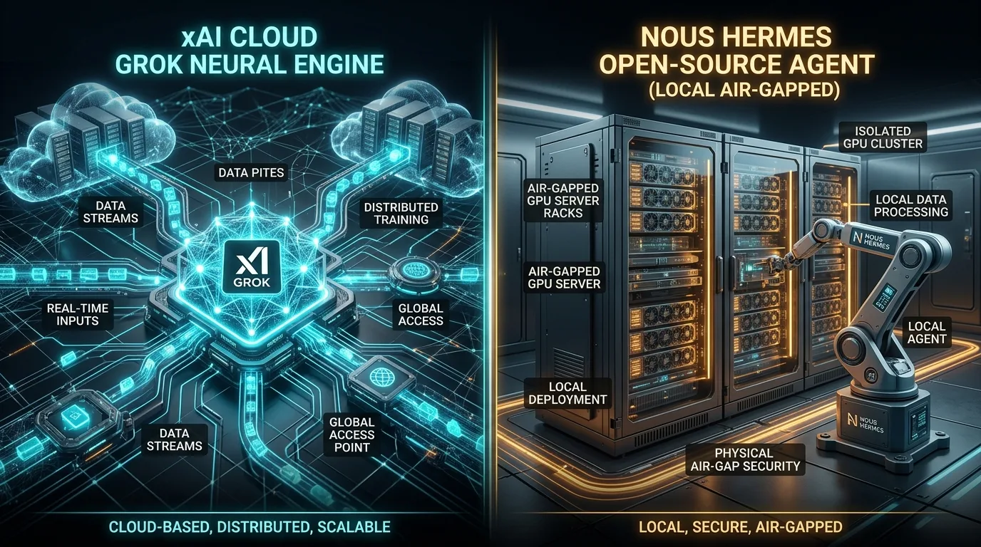 Engineer comparing Grok Bot vs Hermes Agent cloud versus local vLLM infrastructure