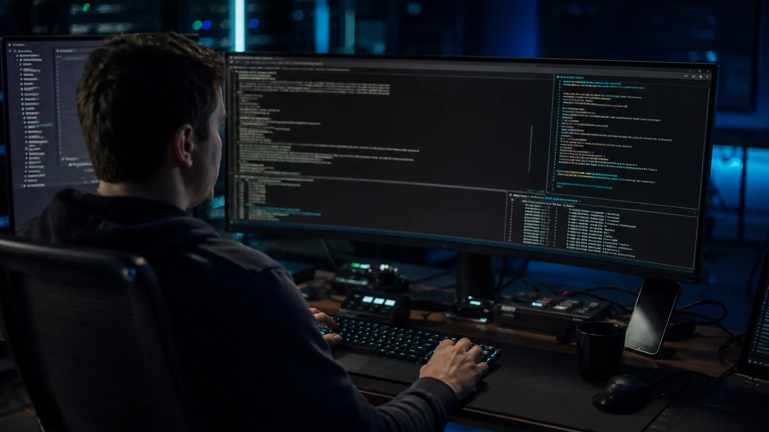 Engineer reviewing Grok CLI skills and SKILL.md files on a dark terminal workstation