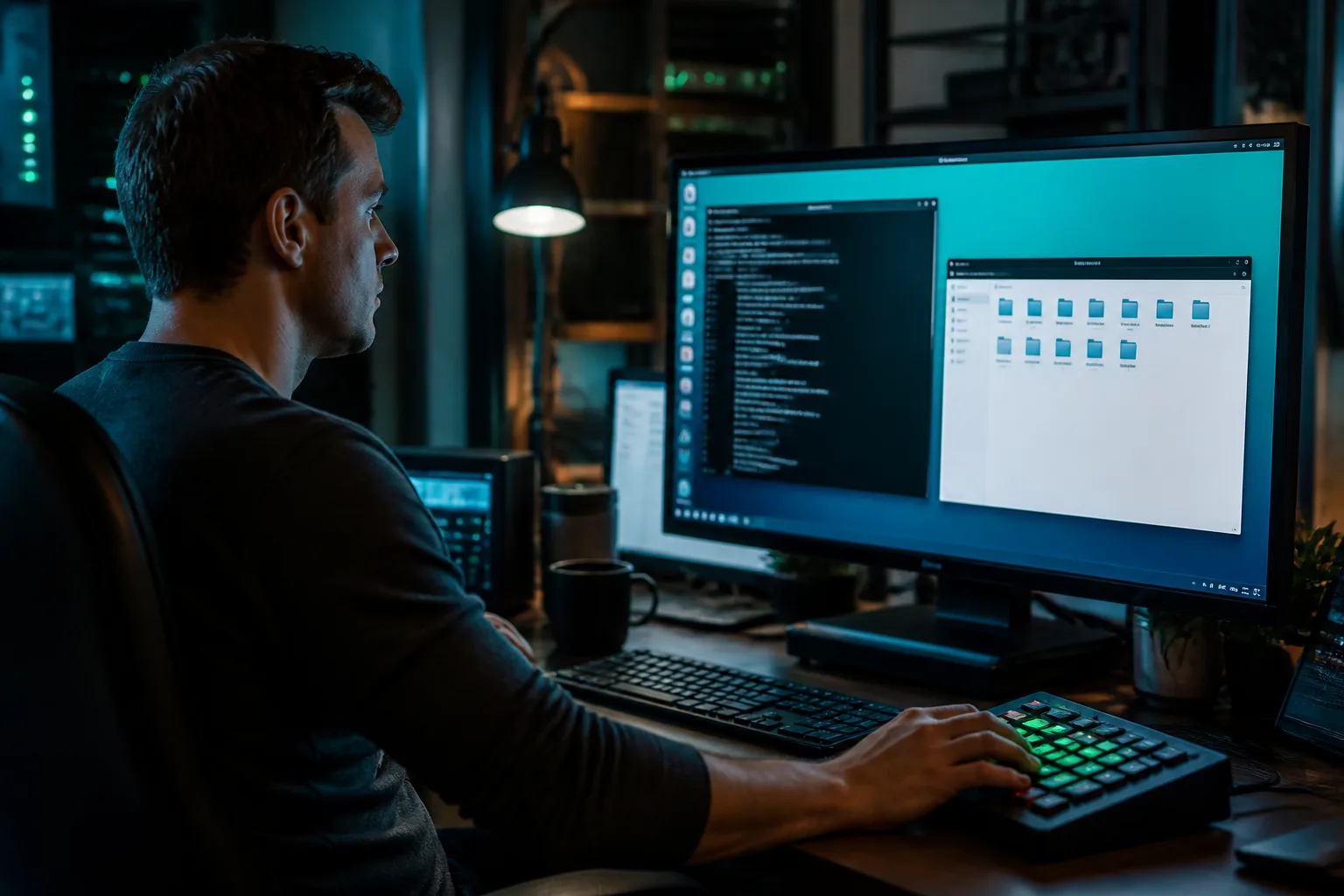 Engineer supervising a shared Linux cloud desktop used by multiple Grok Bots