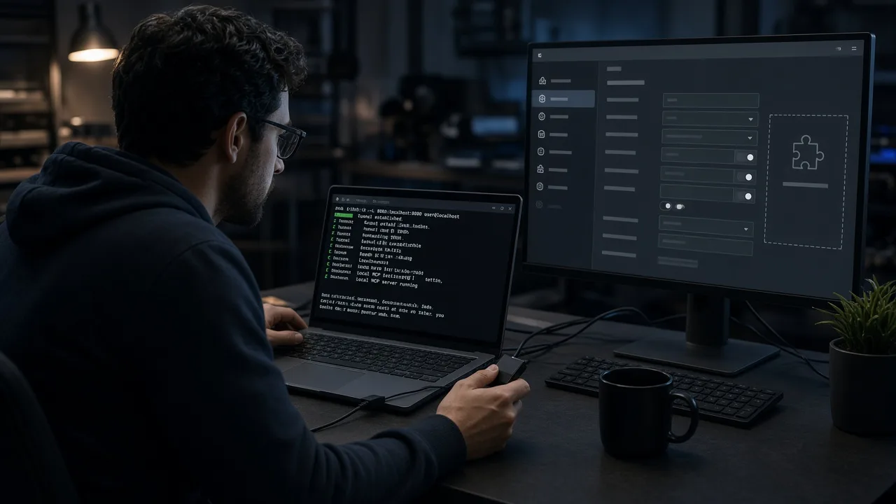 Engineer connecting a local MCP server through a tunnel while a second screen shows a Grok connector panel