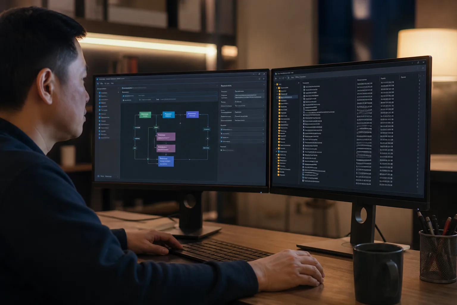 Operator pointing from a product skill card toward a separate skill-file folder on a second monitor