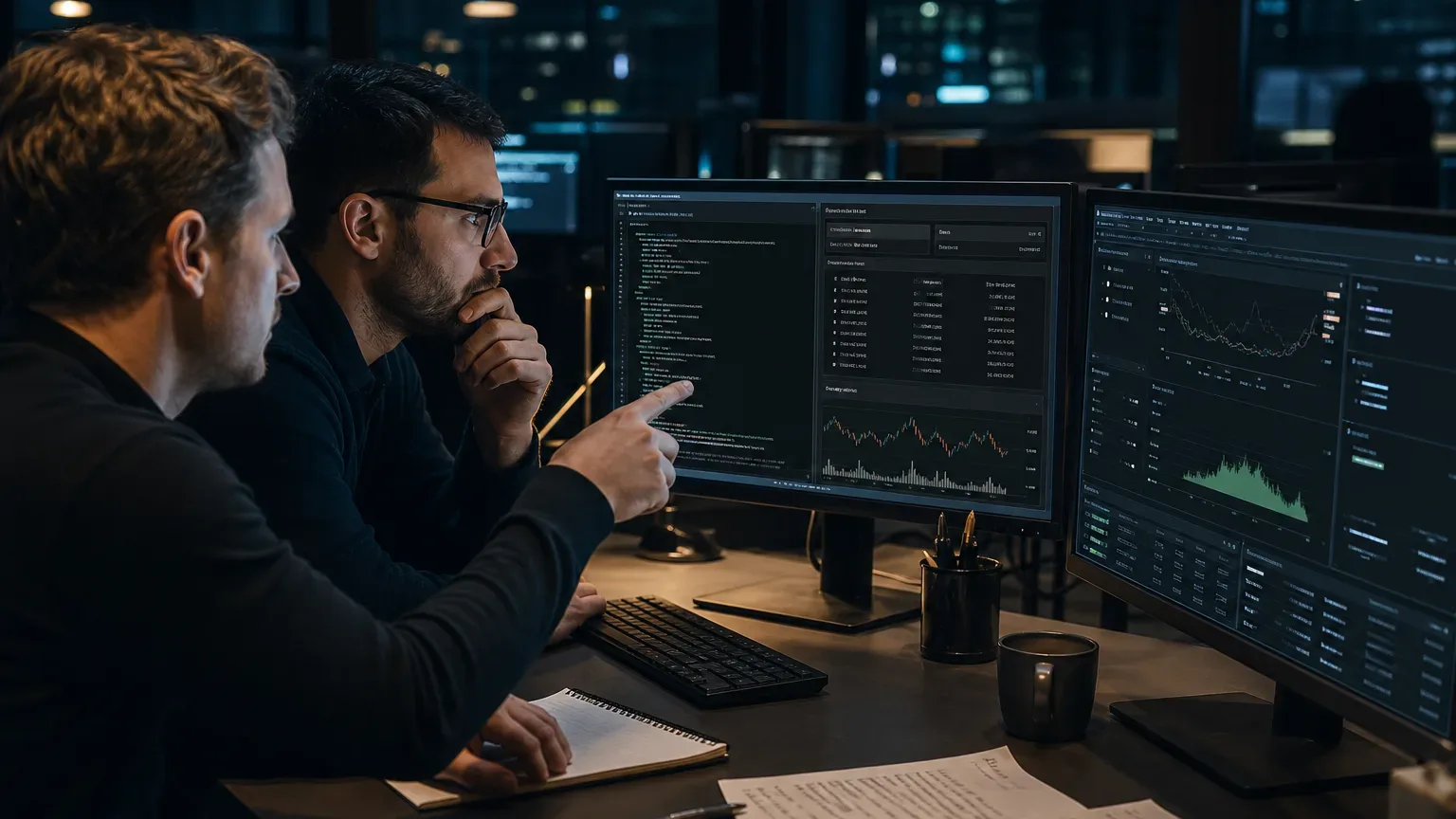 Engineers comparing a custom Grok trading bot dry-run preview with a HyperGrok Trading Desk research-mode workstation