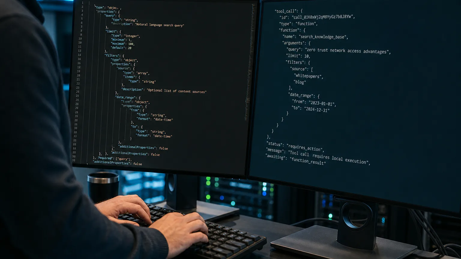 Engineer reviewing a function-calling JSON schema and a paused local tool-call on dual monitors