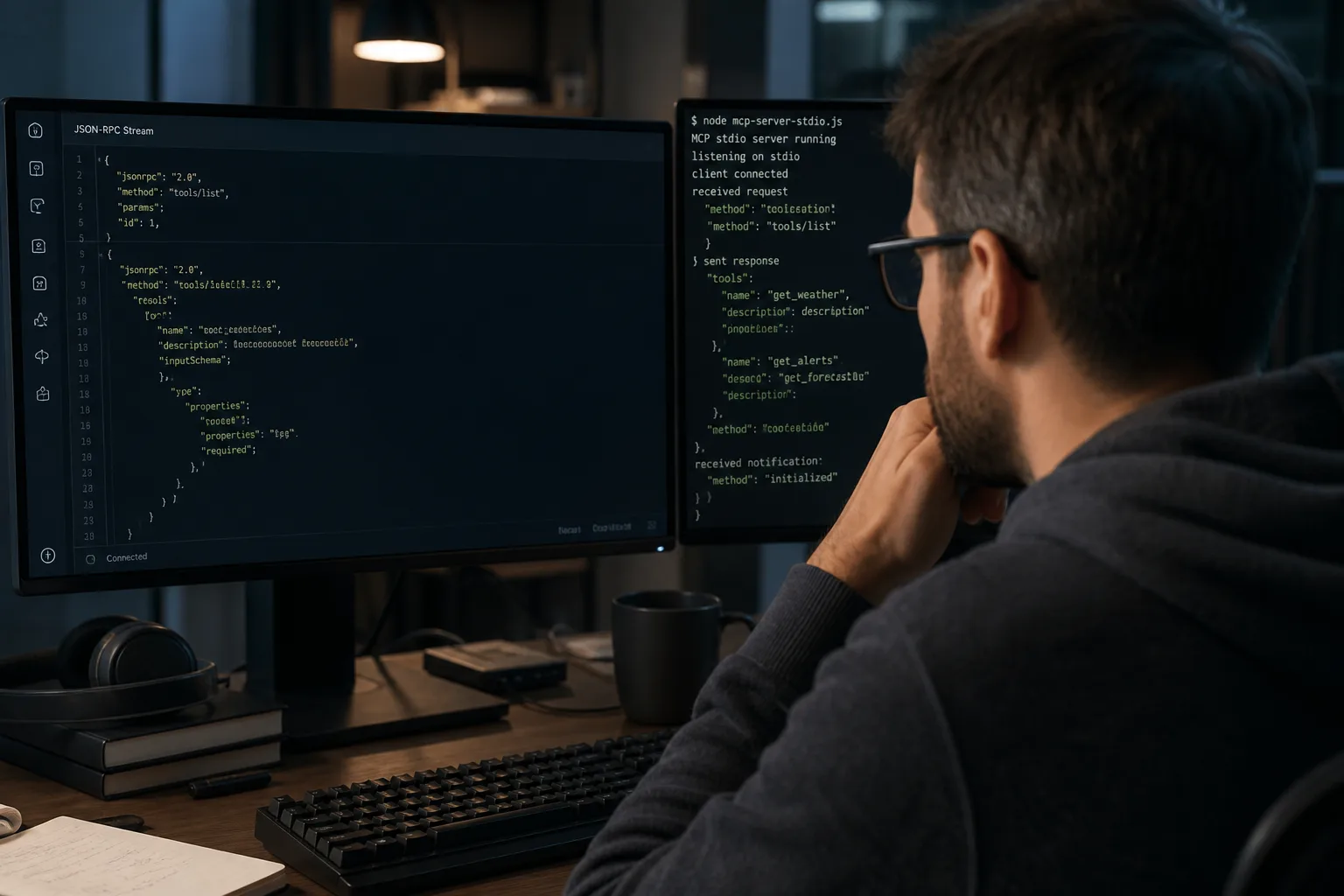 Engineer inspecting a JSON-RPC stdio stream while an MCP subprocess runs