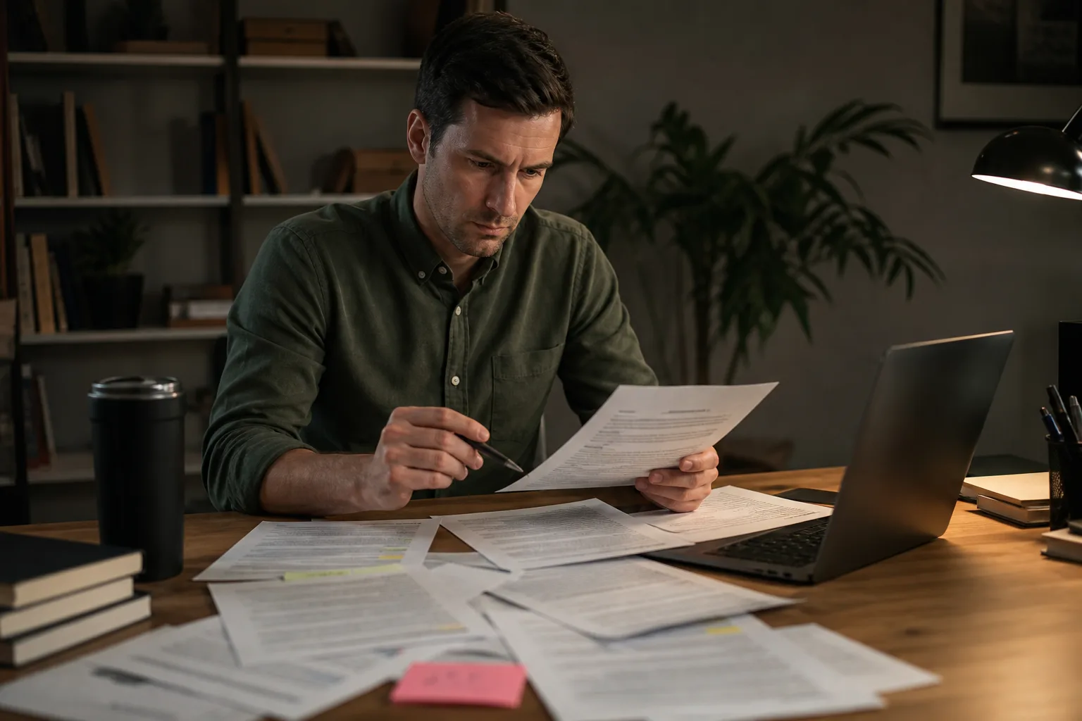 Writer checking a machine outline against printed source documents at an editorial desk
